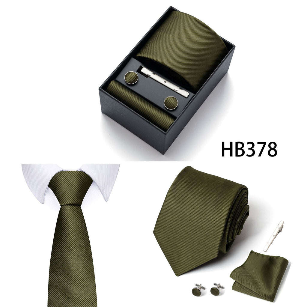 HB378 Dark Green Premium Men's 4-Piece Formal Tie Set -  Necktie, Pocket Square, Cufflinks, and Tie Clip in a Luxury Gift Box