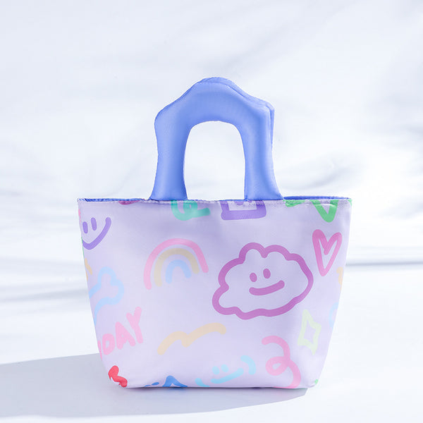 Purple Insulated Lunch Bag – Multi-Color Printed Tote with Padded Handle for Students & Office Workers