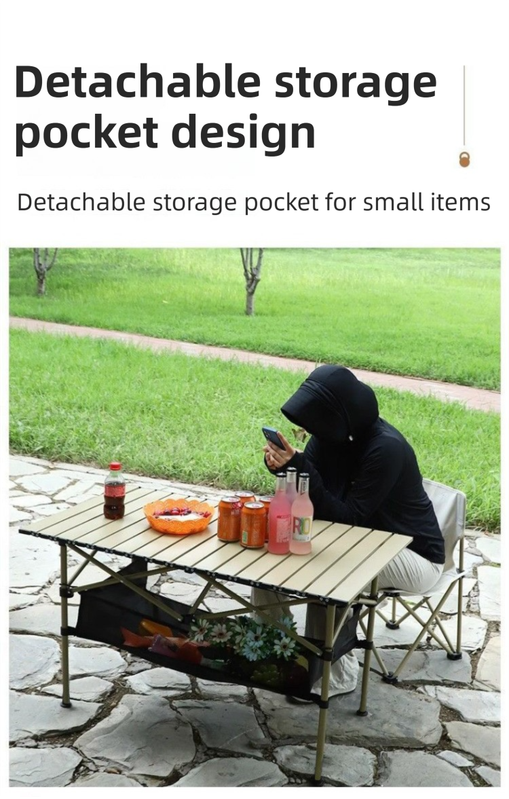120CM Black Portable Folding Egg Roll Camping Table + 4-Pack 36CM Chairs with Storage Bag & Mesh Net- Heavy-Duty Carbon Steel Picnic Table for 6-8 People