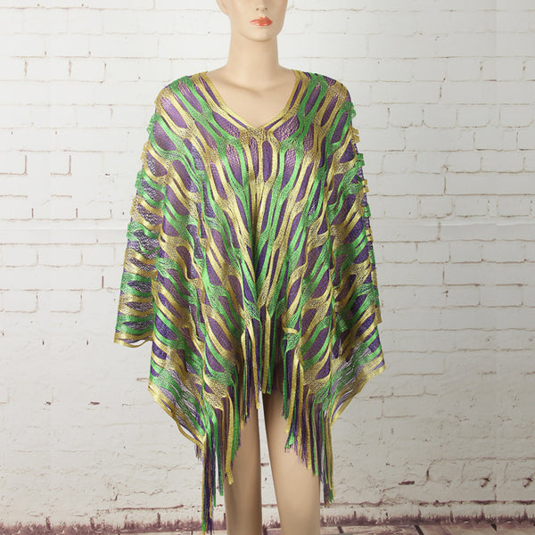 Green Boho Hollow-Out Wave Poncho Shawl with Tassel Hem - Elegant Dual-Tone Color Block Oversized Wrap for Fall & Winter Layering