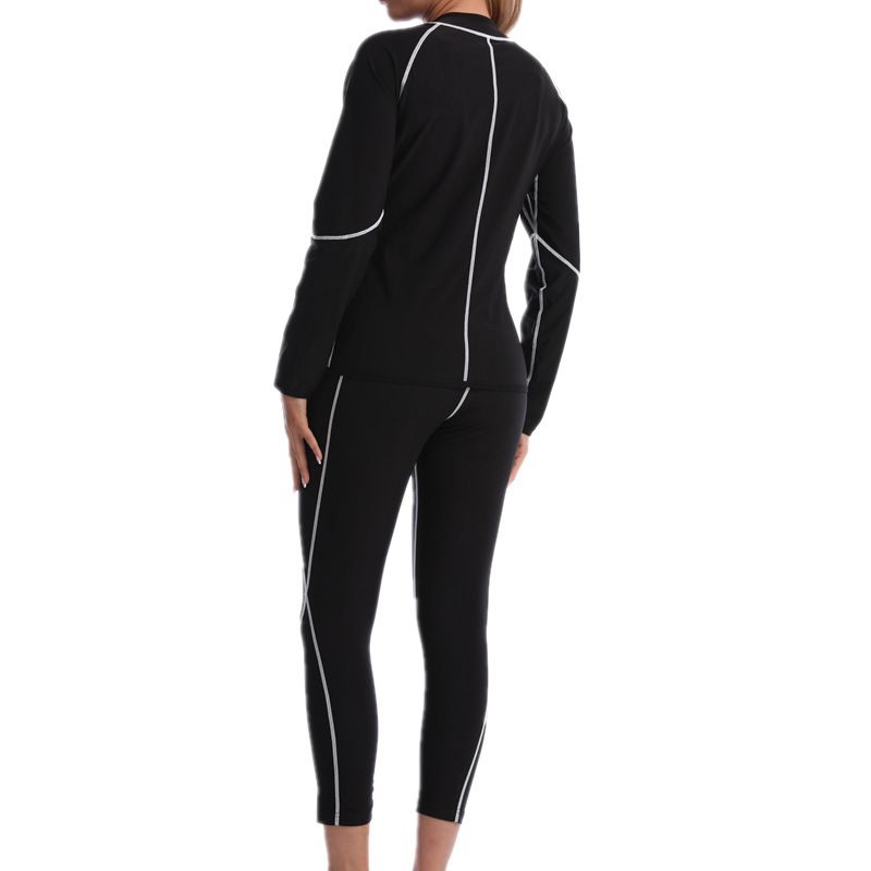 2XL Size Black and Blue Women's Workout Sauna Sweat Suit Set: Long Sleeve & Leggings - High Elasticity Compression Shapewear for Weight Loss & Yoga