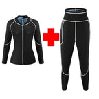 3XL Size Black and Blue Women's Workout Sauna Sweat Suit Set: Long Sleeve & Leggings - High Elasticity Compression Shapewear for Weight Loss & Yoga