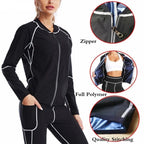 3XL Size Black and Blue Women's Workout Sauna Sweat Suit Set: Long Sleeve & Leggings - High Elasticity Compression Shapewear for Weight Loss & Yoga
