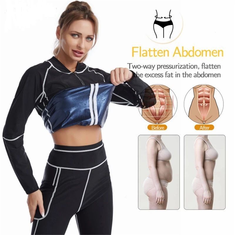 M Size Black and Silver Women's Workout Sauna Sweat Suit Set: Long Sleeve & Leggings - High Elasticity Compression Shapewear for Weight Loss & Yoga