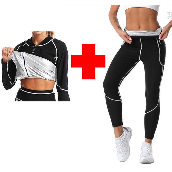 2XL Size Black and Silver Women's Workout Sauna Sweat Suit Set: Long Sleeve & Leggings - High Elasticity Compression Shapewear for Weight Loss & Yoga