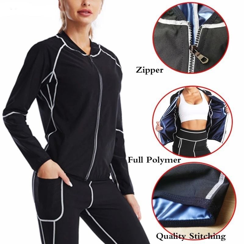 2XL Size Black and Silver Women's Workout Sauna Sweat Suit Set: Long Sleeve & Leggings - High Elasticity Compression Shapewear for Weight Loss & Yoga