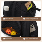 Black Large Tennis & Pickleball Quilted Backpack and Sports Travel Tote for Men and Women - Racket Compartment, 2 Side Pockets & Multi-Pocket Organization (32x17x44.5 CM)