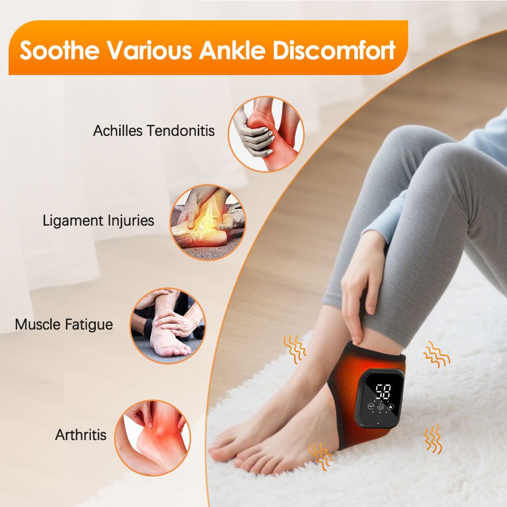 Black Wireless Rechargeable Heated Ankle Massager - 3 Heat Levels & 3 Vibrating Intensities Foot Joint Wrap for Pain Relief and Recovery