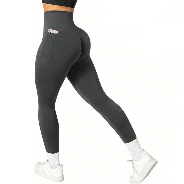 M Size Dark Grey Breathable High-Waist Ruched Butt-Lift Yoga Leggings - Dual Pockets & No Front T - LineNaked-Feel Performance Tights for Gym, Running & Pilates