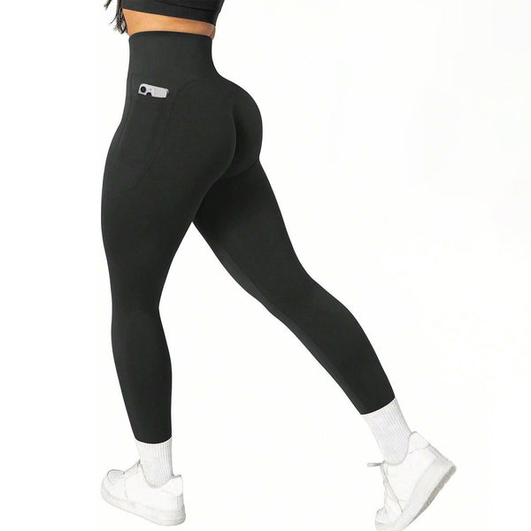 L Size Black Breathable High-Waist Ruched Butt-Lift Yoga Leggings - Dual Pockets & No Front T - LineNaked-Feel Performance Tights for Gym, Running & Pilates