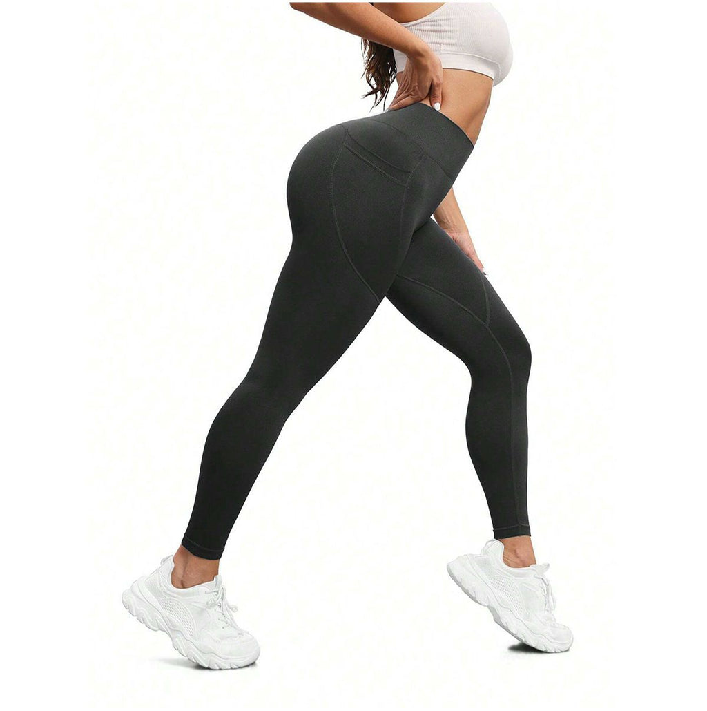 L Size Black Breathable High-Waist Ruched Butt-Lift Yoga Leggings - Dual Pockets & No Front T - LineNaked-Feel Performance Tights for Gym, Running & Pilates