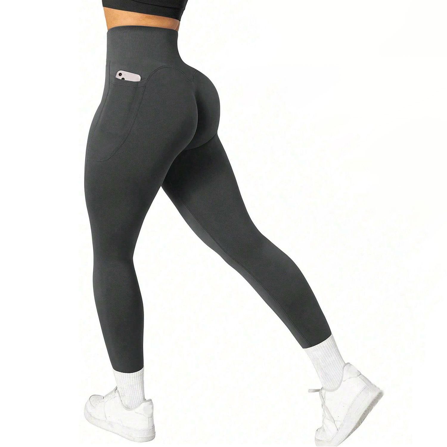 L Size Dark Grey Breathable High-Waist Ruched Butt-Lift Yoga Leggings - Dual Pockets & No Front T - LineNaked-Feel Performance Tights for Gym, Running & Pilates