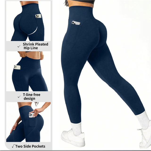 L Size Blue Breathable High-Waist Ruched Butt-Lift Yoga Leggings - Dual Pockets & No Front T - LineNaked-Feel Performance Tights for Gym, Running & Pilates