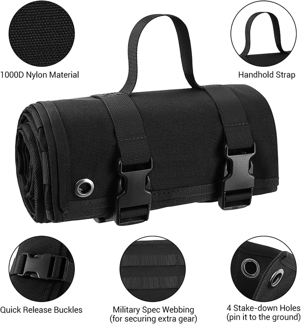 200x75CM Black Outdoor Tactical Roll-Up Shooting Mat - MOLLE Webbing & Stake Down Eyelets - Portable Waterproof Ground Pad for Field Training, Camping & Picnic