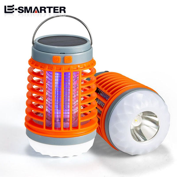 Orange 2-in-1 Cordless Flashlight & Zapper Lantern - Solar / USB Charging, 360° High Voltage Grid and Hanging Hook - Waterproof Mosquito Killer & 4-Mode Camping Light for Outdoor, Home & Patio