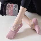 5-Pair Pink Premium Non-Slip Yoga & Pilates Socks with Elastic Cross-Straps - Breathable Cotton Ballet-Style High Grip Socks