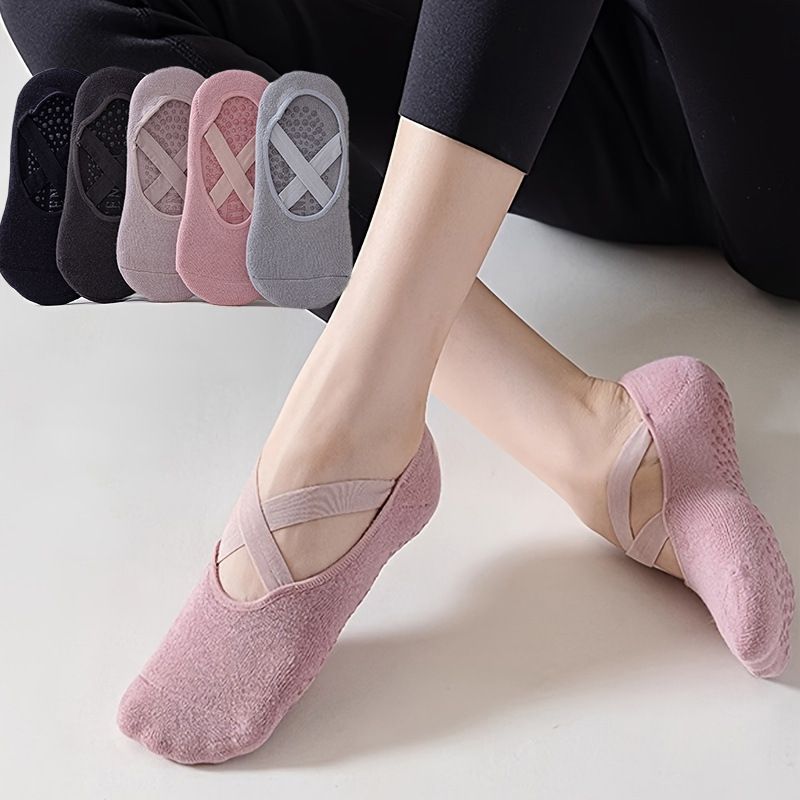 5-Pair Dark Purple Premium Non-Slip Yoga & Pilates Socks with Elastic Cross-Straps - Breathable Cotton Ballet-Style High Grip Socks