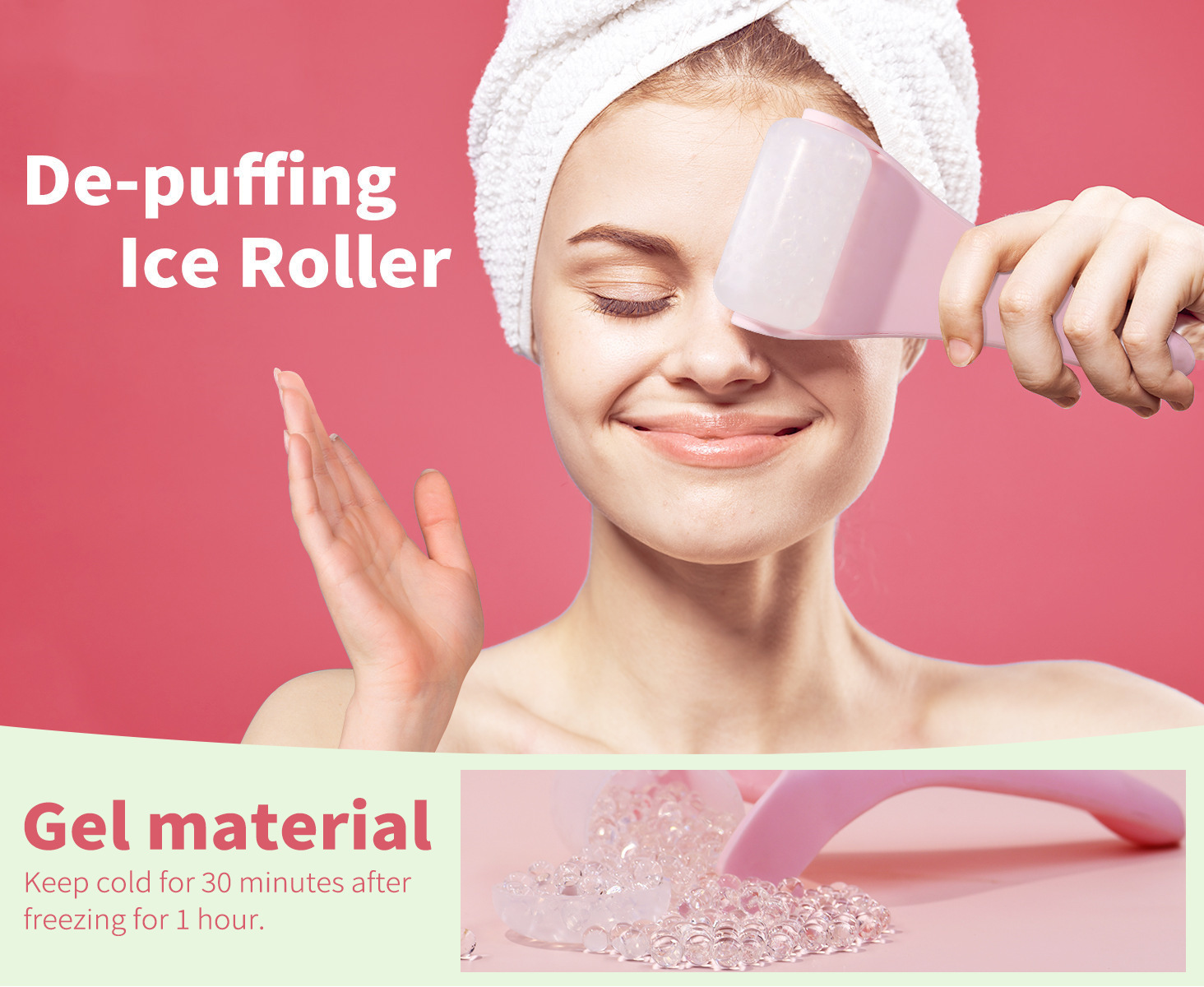 Light Pink Face Ice Roller with Gel Cooling Head- Reusable PP and Gel Cold Massage Tool for De-Puffing, Soothing, and Refreshing Skin, Easy to Freeze, Comfortable Grip, Daily Skincare Essential
