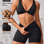 Leopard Print Yoga Set - Twist Front Sports Bra with Criss Cross Back and High Waisted Butt Lifting Shorts(Size:M)