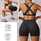 Leopard Print Yoga Set - Twist Front Sports Bra with Criss Cross Back and High Waisted Butt Lifting Shorts(Size:M)