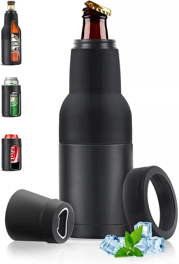 Black Stainless Steel Can Cooler with Bottle Opener for Travel