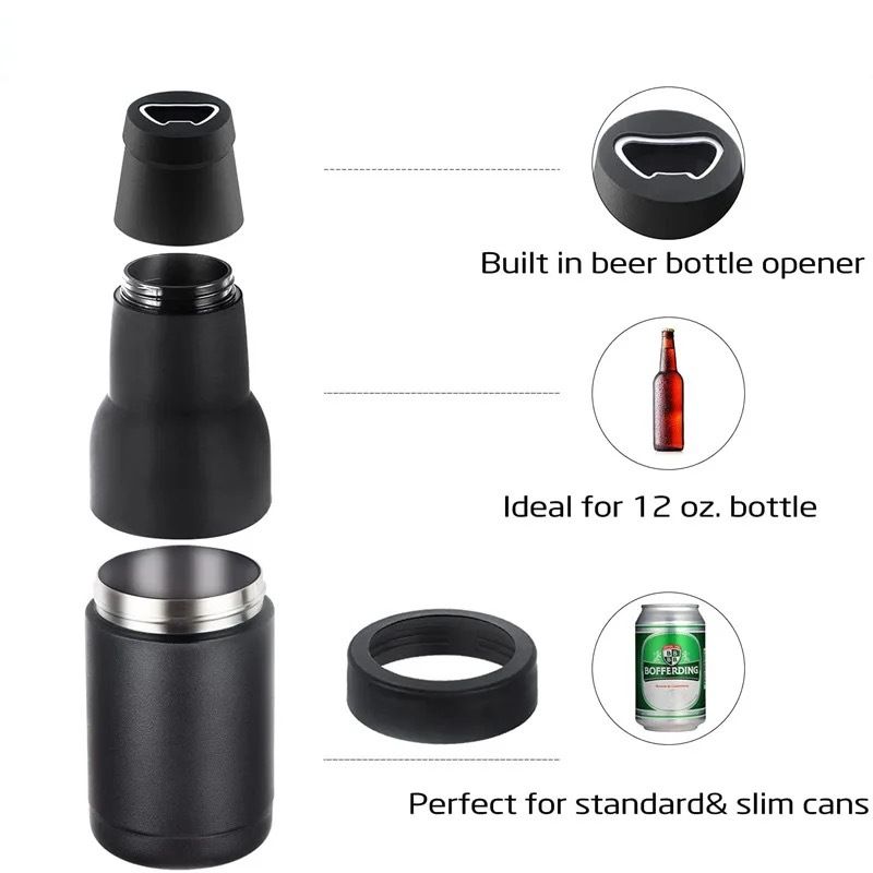 3-in-1 Beer Bottle Insulated Tumbler and Can Cooler with Bottle Opener – Double Wall Stainless Steel Soda Can Insulator & Holder for Car Outdoor Beverage Storage, 12oz Dark Blue