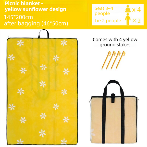 2-in-1 Foldable 145 x 200CM Outdoor Picnic Mat and Storage Handled Bag with Yellow Sunflower Pattern & 4 Ground Stakes - Portable Waterproof Camping Blanket Travel Picnic Rug for 3-4 People Outdoor use