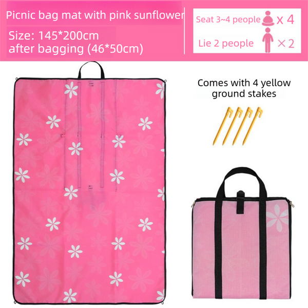 2-in-1 Foldable 145 x 200CM Outdoor Picnic Mat and Storage Handled Bag with Pink Sunflower Pattern & 4 Ground Stakes - Portable Waterproof Camping Blanket Travel Picnic Rug for 3-4 People Outdoor use