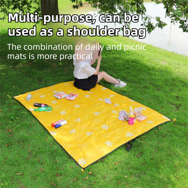 2-in-1 Foldable 145 x 200CM Outdoor Picnic Mat and Storage Handled Bag with Pink Sunflower Pattern & 4 Ground Stakes - Portable Waterproof Camping Blanket Travel Picnic Rug for 3-4 People Outdoor use