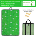 2-in-1 Foldable 145 x 200CM Outdoor Picnic Mat and Storage Handled Bag with Green Sunflower Pattern & 4 Ground Stakes - Portable Waterproof Camping Blanket Travel Picnic Rug for 3-4 People Outdoor use