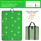 2-in-1 Foldable 145 x 200CM Outdoor Picnic Mat and Storage Handled Bag with Green Sunflower Pattern & 4 Ground Stakes - Portable Waterproof Camping Blanket Travel Picnic Rug for 3-4 People Outdoor use