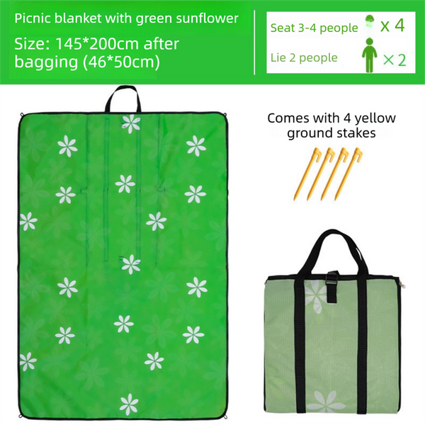 2-in-1 Foldable 145 x 200CM Outdoor Picnic Mat and Storage Handled Bag with Green Sunflower Pattern & 4 Ground Stakes - Portable Waterproof Camping Blanket Travel Picnic Rug for 3-4 People Outdoor use