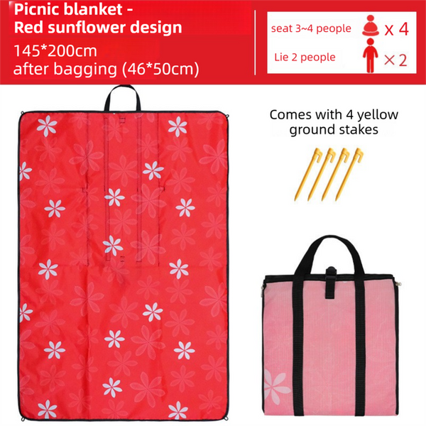 2-in-1 Foldable 145 x 200CM Outdoor Picnic Mat and Storage Handled Bag with Red Sunflower Pattern & 4 Ground Stakes - Portable Waterproof Camping Blanket Travel Picnic Rug for 3-4 People Outdoor use