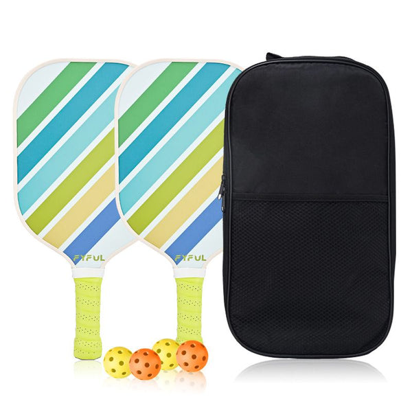 White + Blue + Green Striped Fiberglass Pickleball Paddle Set – 2 Ultra Lightweight Pickleball Rackets +  4 Balls + Carry Bag for Outdoor Play - Large Sweet Spot, Shock-Absorbing Silicone Grip and TPU Edge Guard