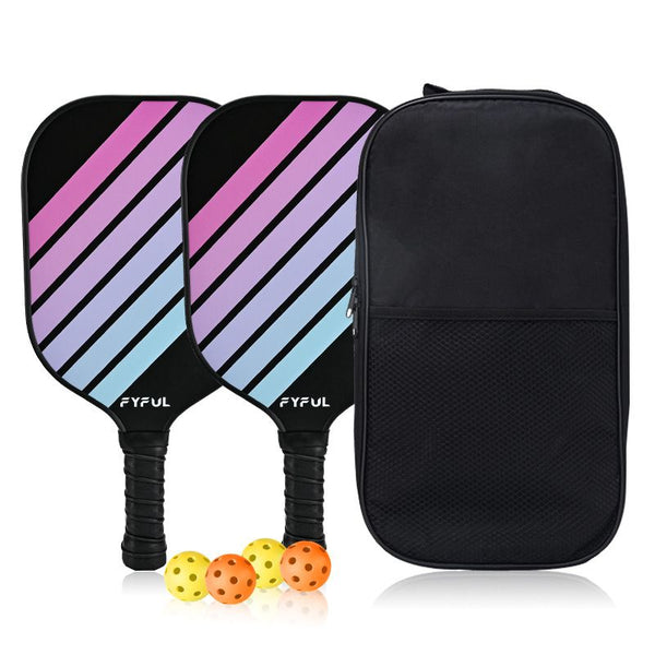 Black + Purple + Blue Striped Fiberglass Pickleball Paddle Set – 2 Ultra Lightweight Pickleball Rackets +  4 Balls + Carry Bag for Outdoor Play - Large Sweet Spot, Shock-Absorbing Silicone Grip and TPU Edge Guard