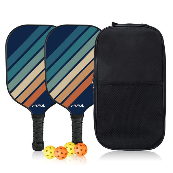 Black + Blue + Yellow Striped Fiberglass Pickleball Paddle Set – 2 Ultra Lightweight Pickleball Rackets +  4 Balls + Carry Bag for Outdoor Play - Large Sweet Spot, Shock-Absorbing Silicone Grip and TPU Edge Guard