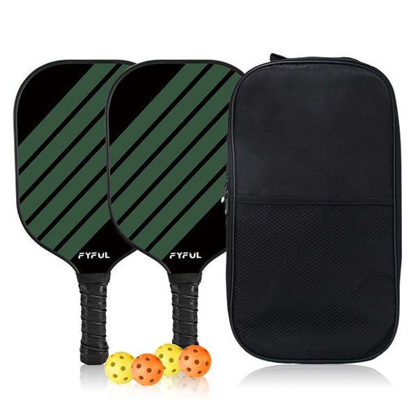 Black + Green Striped Fiberglass Pickleball Paddle Set – 2 Ultra Lightweight Pickleball Rackets +  4 Balls + Carry Bag for Outdoor Play - Large Sweet Spot, Shock-Absorbing Silicone Grip and TPU Edge Guard