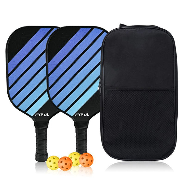 Black + Blue Striped Fiberglass Pickleball Paddle Set – 2 Ultra Lightweight Pickleball Rackets +  4 Balls + Carry Bag for Outdoor Play - Large Sweet Spot, Shock-Absorbing Silicone Grip and TPU Edge Guard