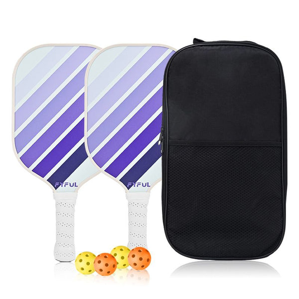 White + Blue + Purple Striped Fiberglass Pickleball Paddle Set – 2 Ultra Lightweight Pickleball Rackets +  4 Balls + Carry Bag for Outdoor Play - Large Sweet Spot, Shock-Absorbing Silicone Grip and TPU Edge Guard