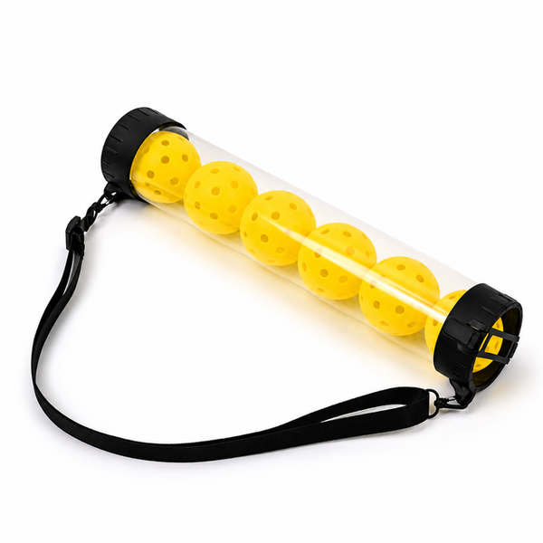 Portable Pickleball Retriever Tube & 6PCS Yellow 74mm 40-Hole Pickleballs – Back-Saving Transparent 6 Balls Picker Upper with Adjustable Shoulder Strap for Outdoor Play Training
