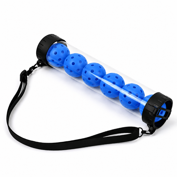 Portable Pickleball Retriever Tube & 6PCS Blue 74mm 40-Hole Pickleballs – Back-Saving Transparent 6 Balls Picker Upper with Adjustable Shoulder Strap for Outdoor Play Training