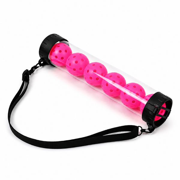 Portable Pickleball Retriever Tube & 6PCS Pink 74mm 40-Hole Pickleballs – Back-Saving Transparent 6 Balls Picker Upper with Adjustable Shoulder Strap for Outdoor Play Training