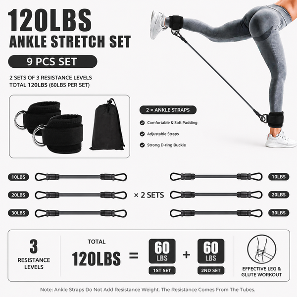 Black 120LBS Total Ankle Resistance Bands Training Set with Cuffs and Carry Bag - Adjustable Leg and Glute Workout Trainer for Yoga Fitness Speed Agility Strength Training 9 Piece Kit