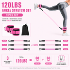 Pink 120LBS Total Ankle Resistance Bands Training Set with Cuffs and Carry Bag - Adjustable Leg and Glute Workout Trainer for Yoga Fitness Speed Agility Strength Training 9 Piece Kit