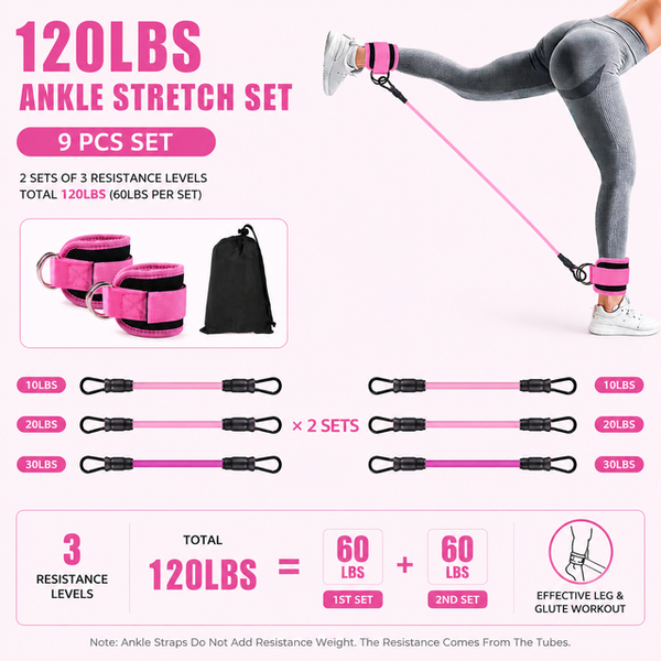 Pink 120LBS Total Ankle Resistance Bands Training Set with Cuffs and Carry Bag - Adjustable Leg and Glute Workout Trainer for Yoga Fitness Speed Agility Strength Training 9 Piece Kit