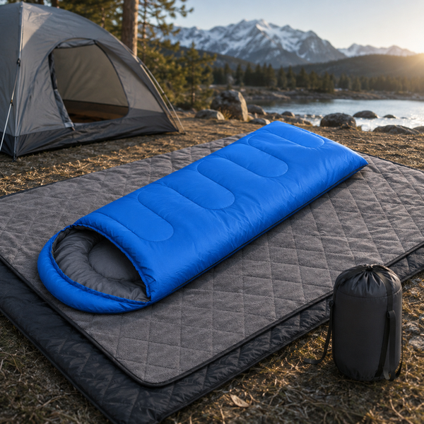 2-in-1 Winter Camping Warmth Kit with Carry Bag: 210 * 75cm Blue Portable Waterproof Warm Sleeping Bag and 200 * 140cm Large Black Double Layer Waterproof Fleece Camping Blanket for Hiking Travel Indoor Outdoor Use