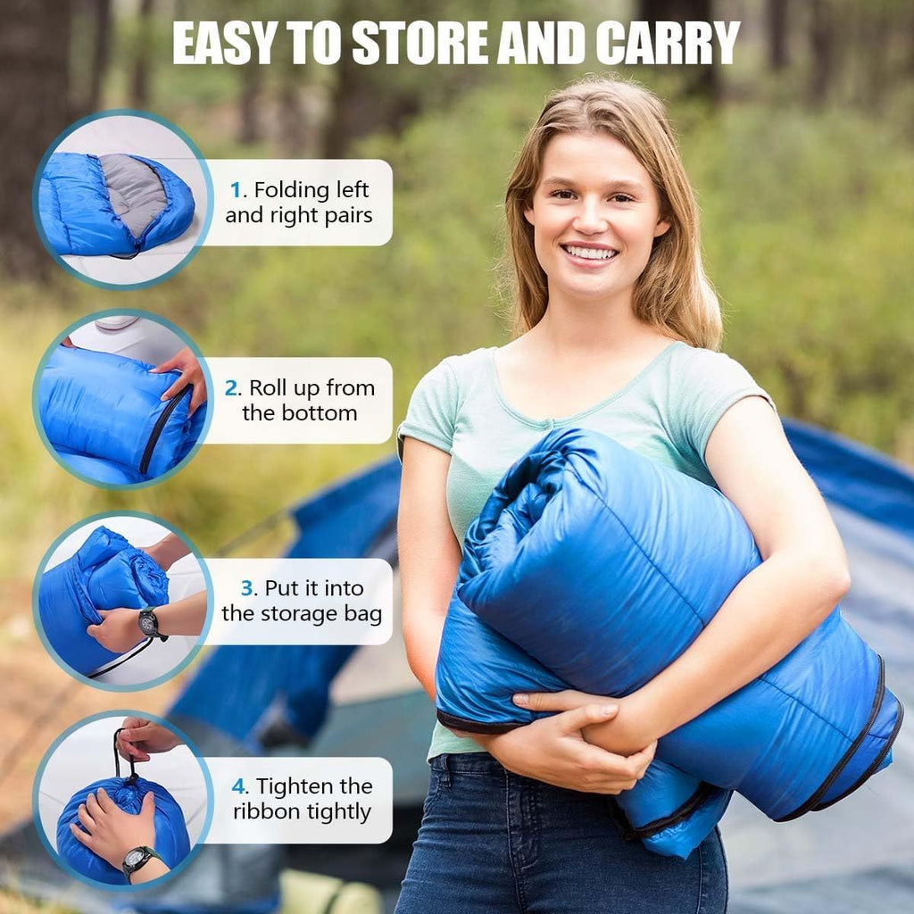 2-in-1 Winter Camping Warmth Kit with Carry Bag: 210 * 75cm Blue Portable Waterproof Warm Sleeping Bag and 200 * 140cm Large Black Double Layer Waterproof Fleece Camping Blanket for Hiking Travel Indoor Outdoor Use
