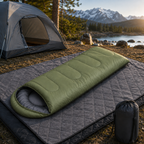 2-in-1 Winter Camping Warmth Kit with Carry Bag: 210 * 75cm Green Portable Waterproof Warm Sleeping Bag and 200 * 140cm Large Black Double Layer Waterproof Fleece Camping Blanket for Hiking Travel Indoor Outdoor Use