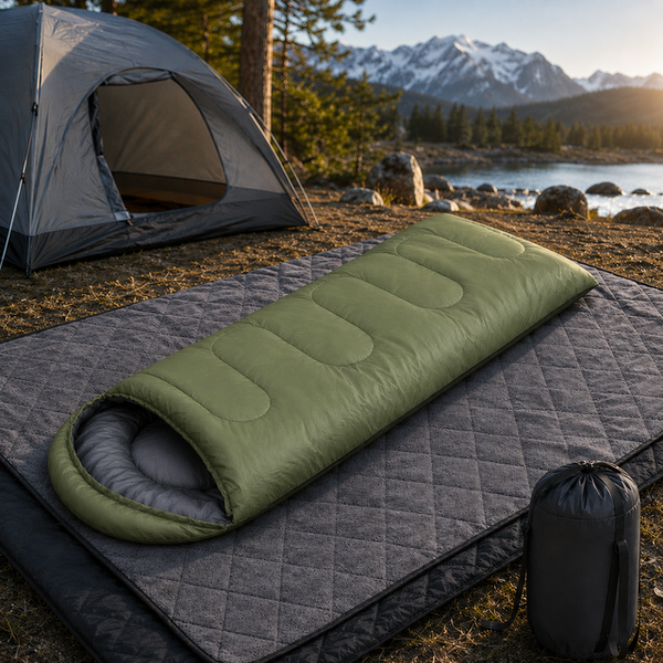 2-in-1 Winter Camping Warmth Kit with Carry Bag: 210 * 75cm Green Portable Waterproof Warm Sleeping Bag and 200 * 140cm Large Black Double Layer Waterproof Fleece Camping Blanket for Hiking Travel Indoor Outdoor Use