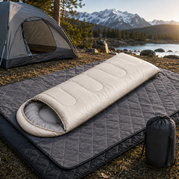 2-in-1 Winter Camping Warmth Kit with Carry Bag:  210 * 75cm Beige Portable Waterproof Warm Sleeping Bag and 200 * 140cm Large Black Double Layer Waterproof Fleece Camping Blanket for Hiking Travel Indoor Outdoor Use